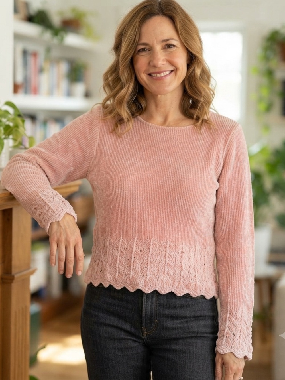 Vintage Clio Coral Scoop Neck Knit Sweater with detailed Trim petite small